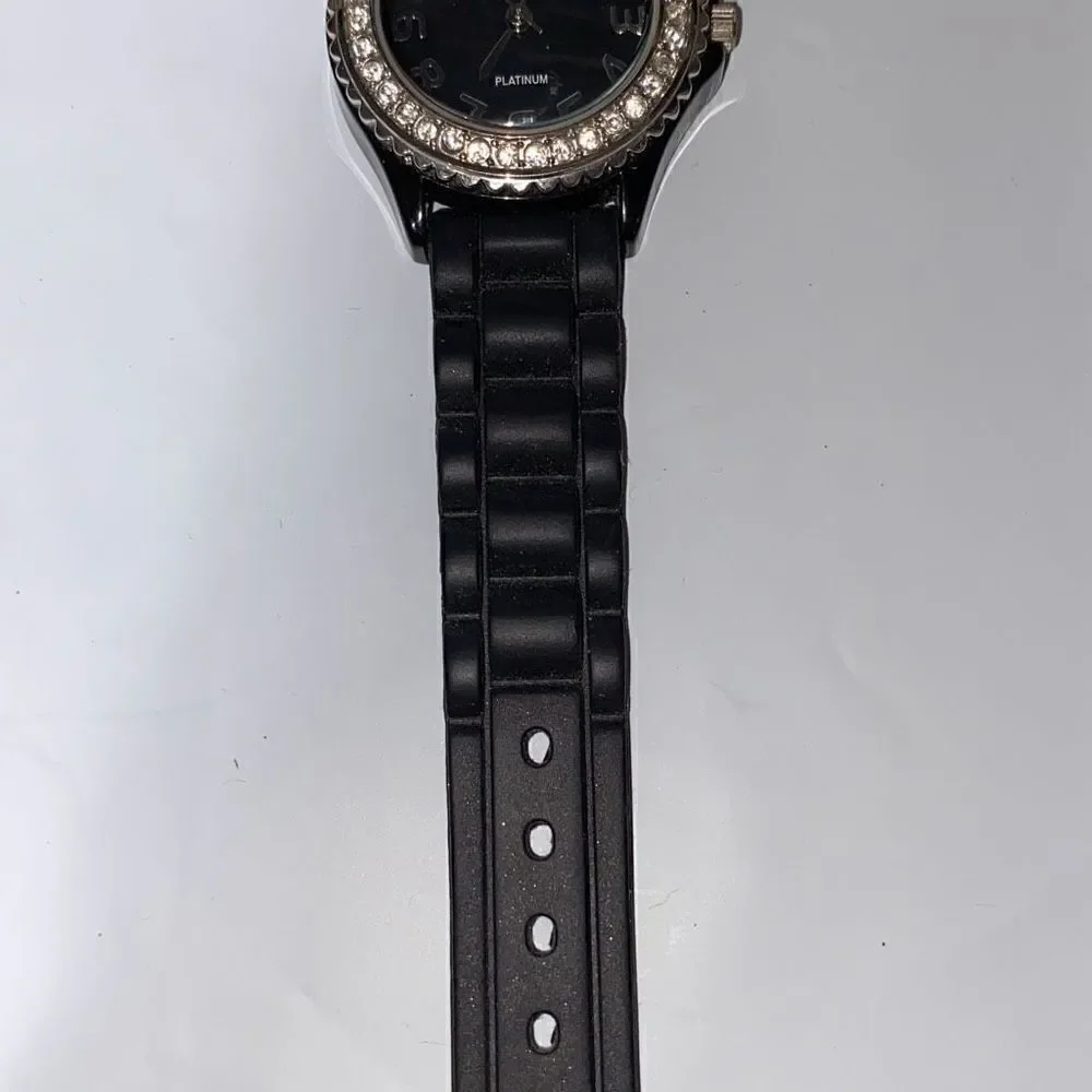 Geneva Women's Black‎ Silicone Band Water Resistant Faux Diamond Quartz Watch OS